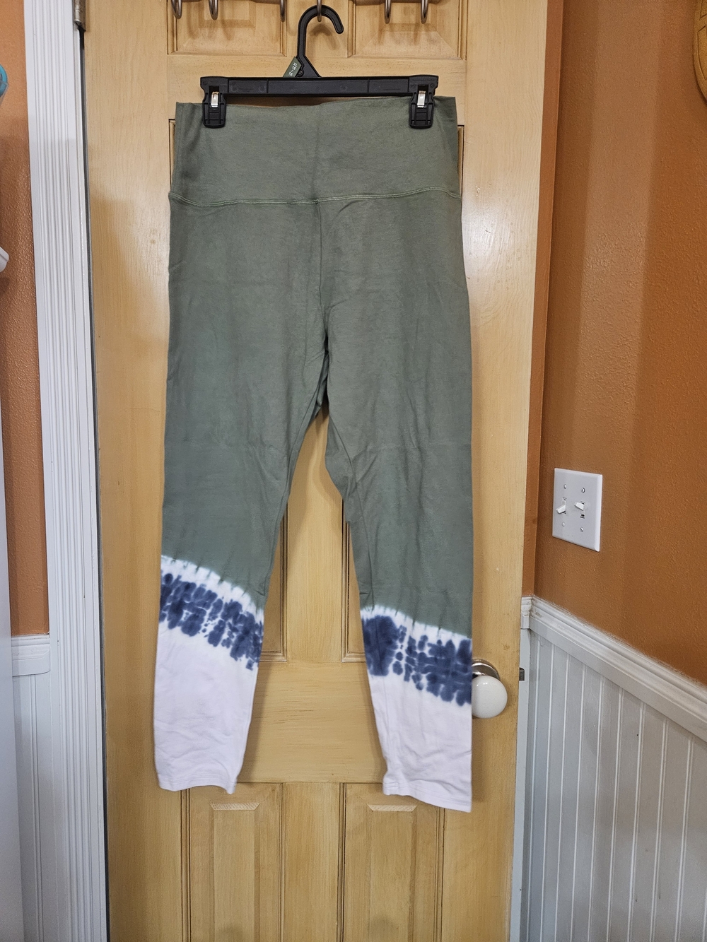aerie Olive Green Leggings with Navy & White Tie-Dye Hem